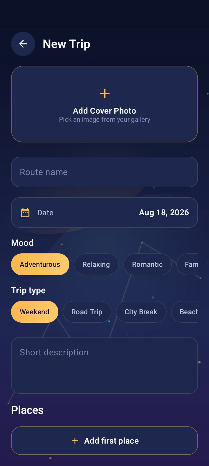 Journey Jotter new trip screen
