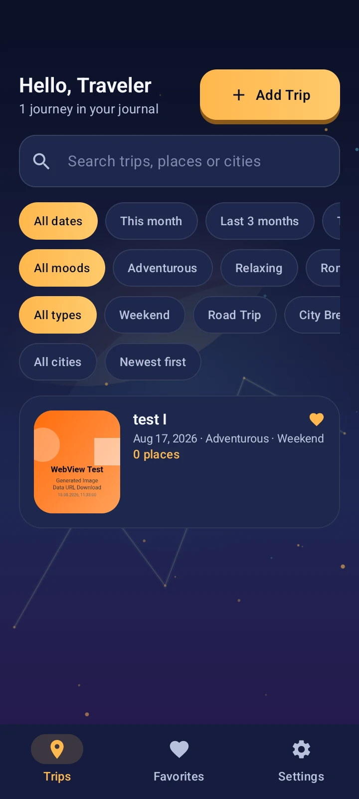 Journey Jotter trips screen